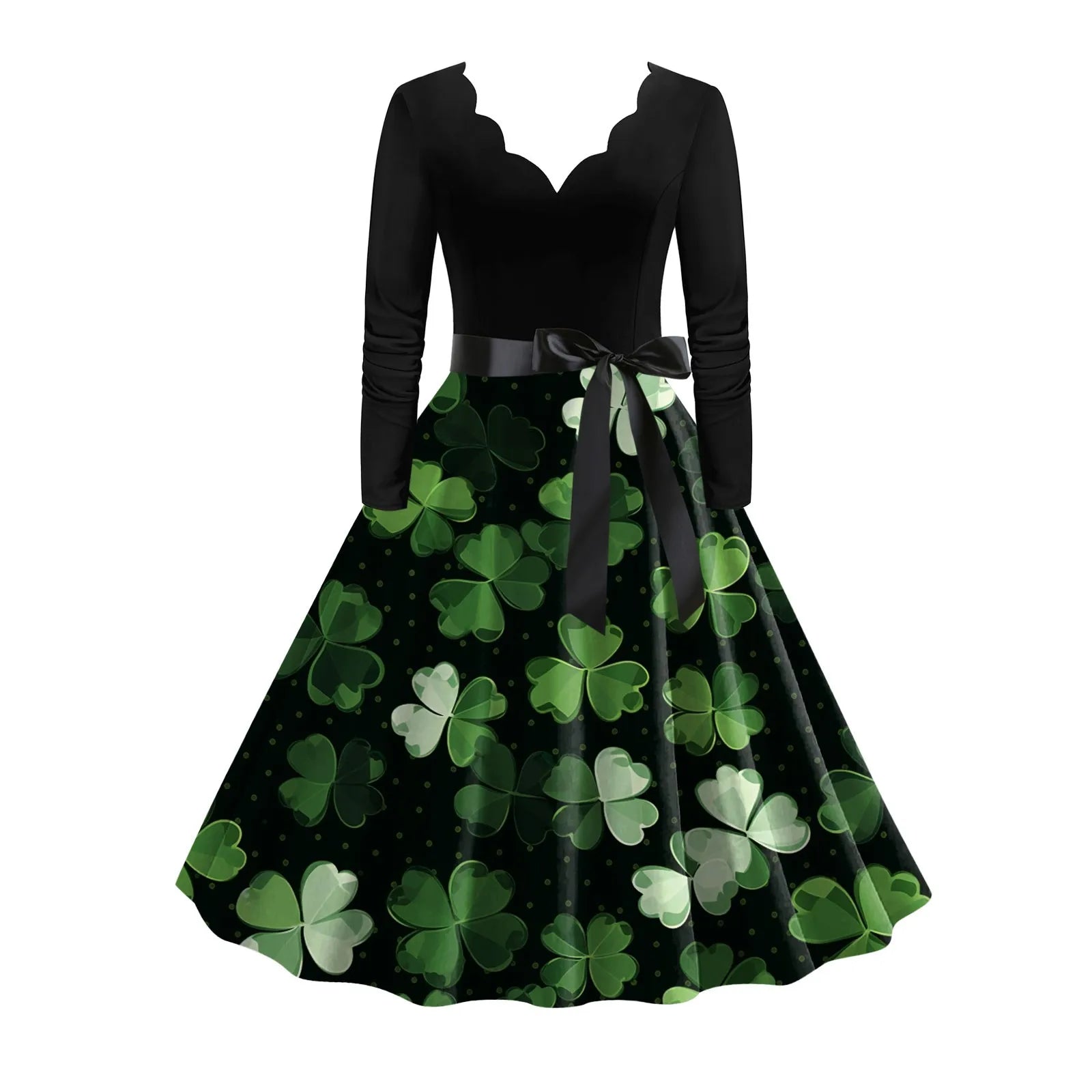 Vintage Swing A-Line Dress with Belted V-Neck and Four Leaf Straw Print for St. Patrick's Day