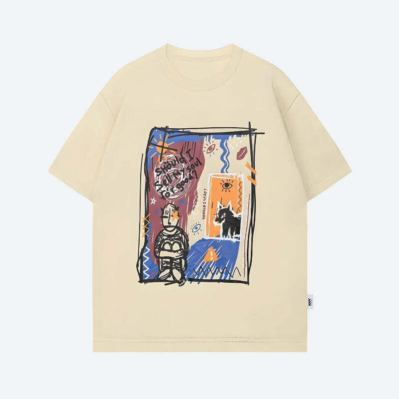 Y2K Aesthetic Abstract Sketch Graphic Tee - Trendy 90s Grunge Style for Summer Outfits