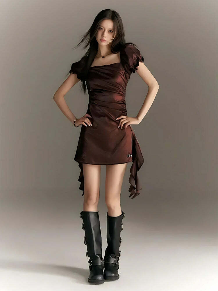 Y2K Aesthetic Balloon Sleeve Ruched Mini Dress - Trendy Summer Outfit for 2000s Vibes