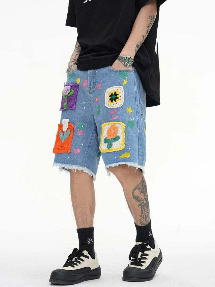 Y2K Aesthetic Knitted Flower Patch Denim Shorts for Summer Outfits & Cute Looks