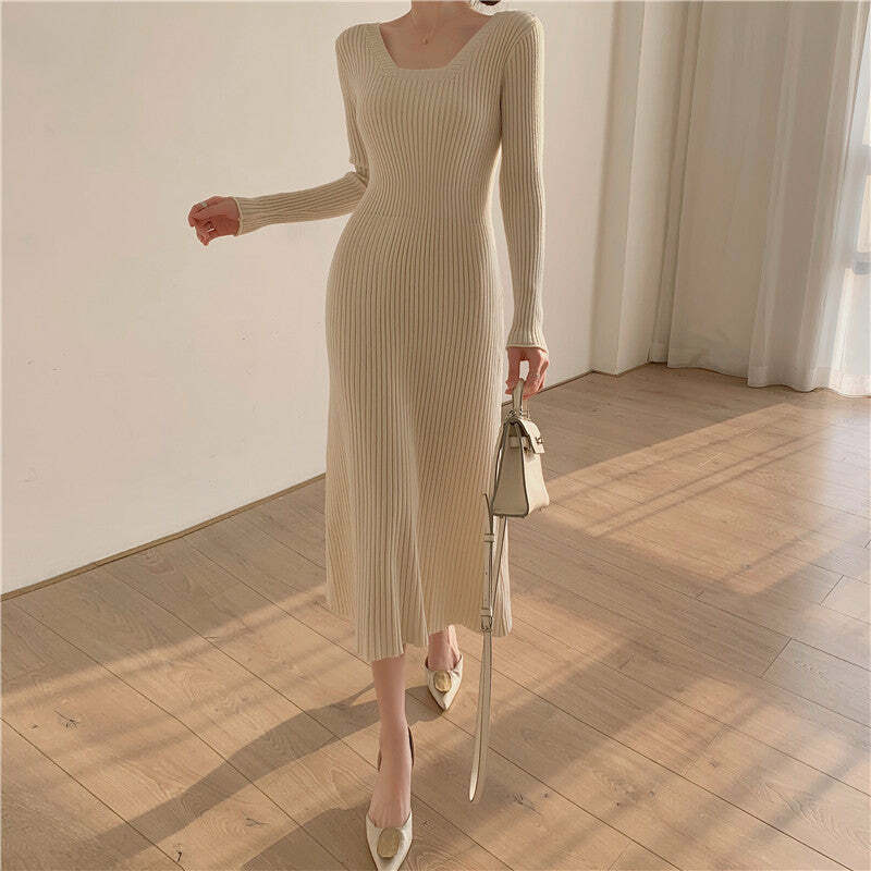 Y2K Aesthetic Knitted Square Collar Long Sleeve Midi Dress - Cute Coquette Style Outfit