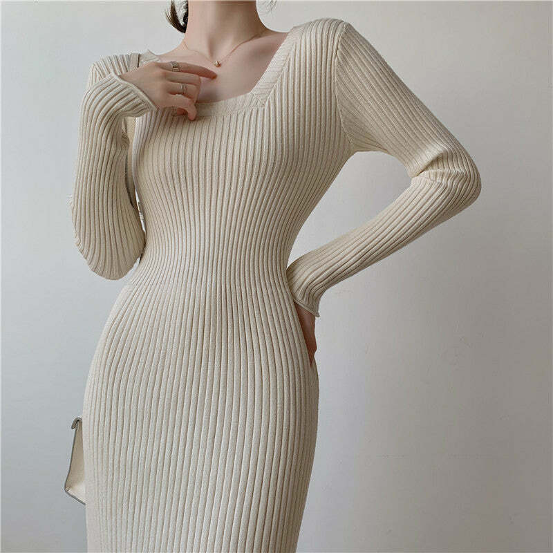 Y2K Aesthetic Knitted Square Collar Long Sleeve Midi Dress - Cute Coquette Style Outfit