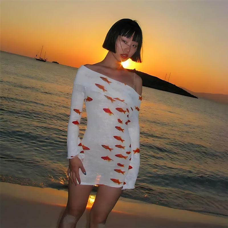 Y2K Aesthetic Koi Fish Printed Mesh Mini Dress for Summer, Grunge, and Cute Outfits