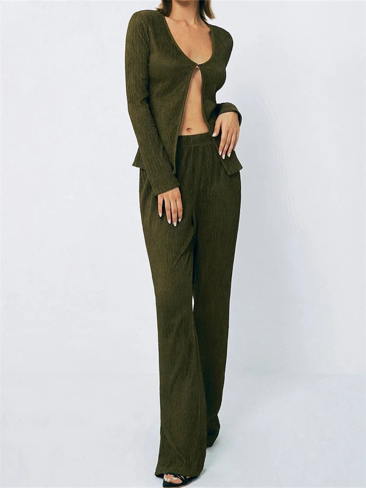 Y2K Aesthetic Long Sleeve Front Split Top & Wide Leg Pants Set - Trendy Coquette Style