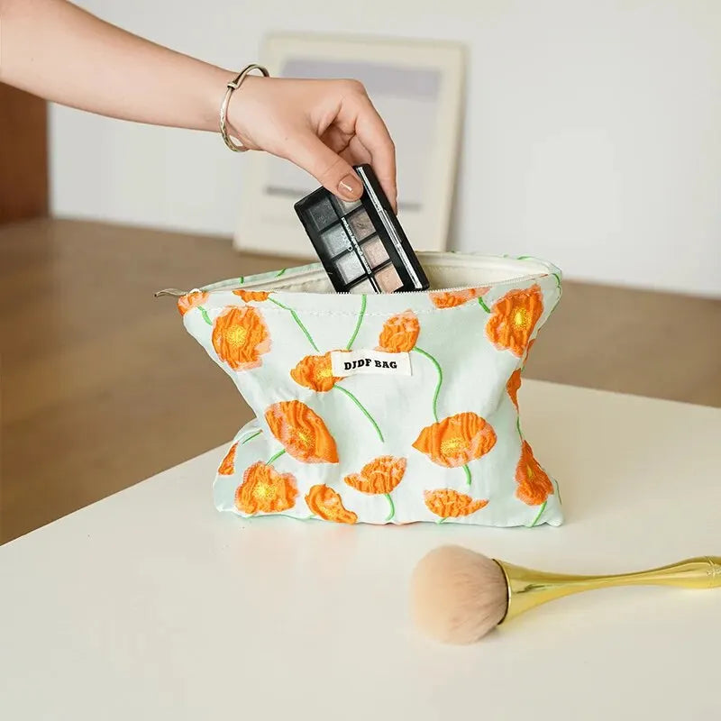 Y2K Aesthetic Orange Flowers Makeup Bag for Summer Outfits & 90s Fashion Lovers