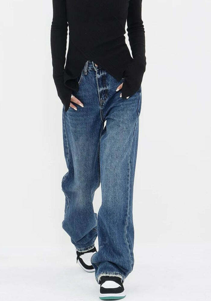 Y2K Aesthetic Patch Pocket Straight Leg Denim Jeans for Grunge and 90s Fashion Lovers