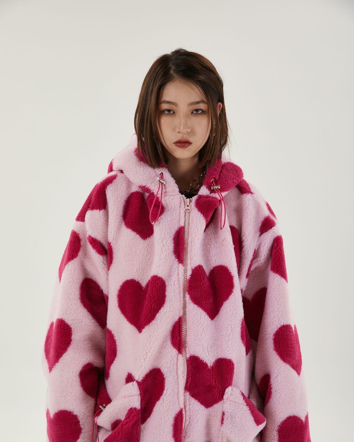 Y2K Aesthetic Pink Heart Pattern Hooded Jacket for Cute Summer Outfits & Grunge Style