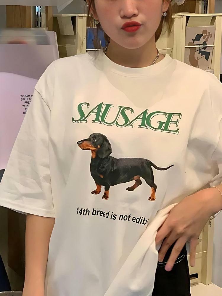 Y2K Aesthetic Sausage Dog Tee - Cute 90s Grunge Style for Summer Outfits & Casual Looks