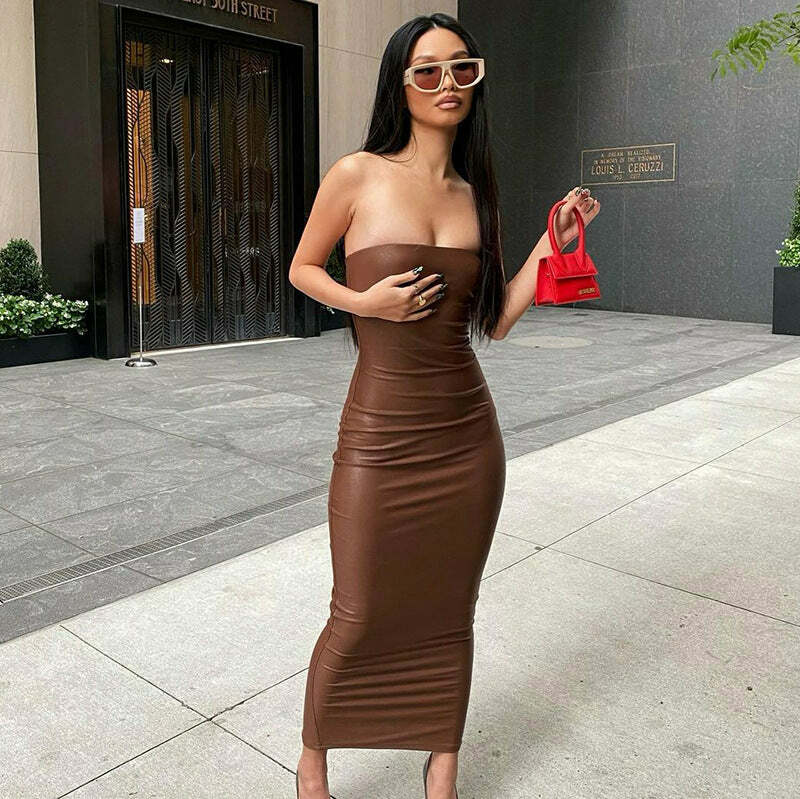 Y2K Aesthetic Sexy Strapless PU Leather Sheath Dress for Grunge & Coquette Styles