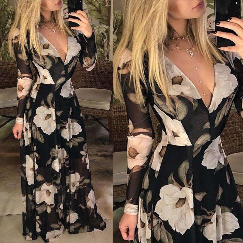 Y2K Aesthetic Sexy V-Neck Long Sleeve Maxi Dress - Coquette & Grunge Style Print