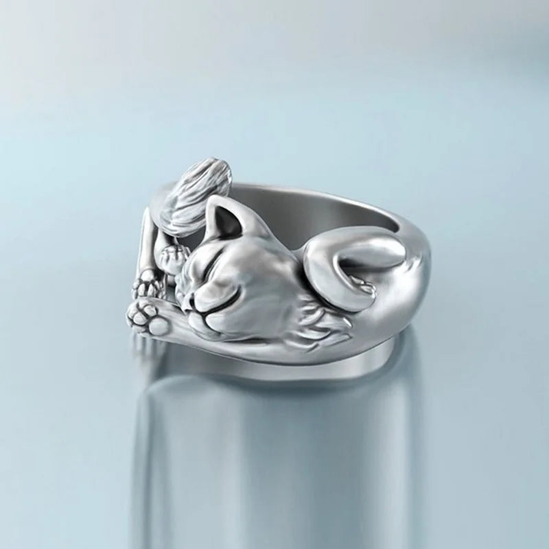 Y2K Aesthetic Sleeping Cat Ring - Cute Gold Jewelry for 90s & 2000s Fashion Lovers