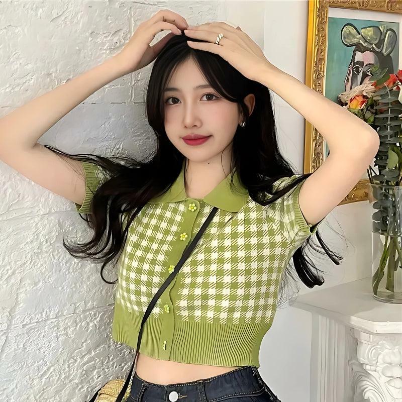 Y2K Aesthetic Soft Girl Plaid Crop Cardigan for Cute Summer Outfits & 90s Fashion Vibes