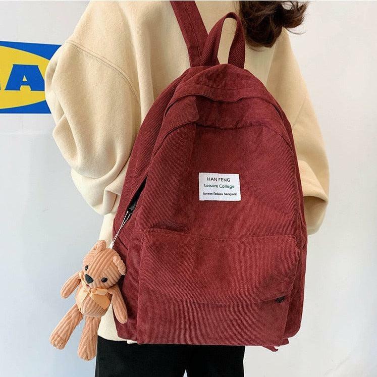 Y2K Aesthetic Teddy Bear Corduroy Backpack - Cute 90s Style Bag for School & Outings