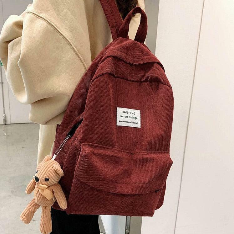 Y2K Aesthetic Teddy Bear Corduroy Backpack - Cute 90s Style Bag for School & Outings