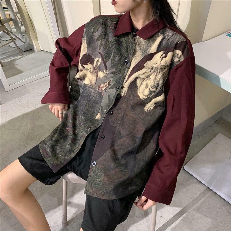 Y2K Angel Print Long Sleeve Shirt - Grunge Aesthetic Top for Summer Outfits & 90s Fashion