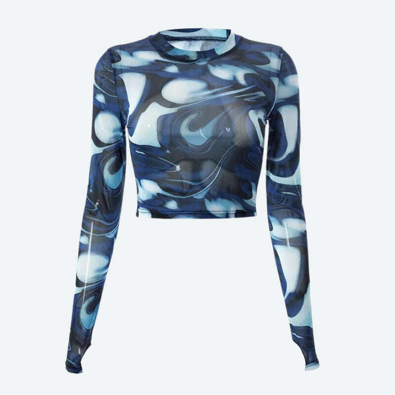 Y2K Blue Aura Sheer Top - Trendy Grunge Aesthetic for Summer Outfits & 2000s Fashion