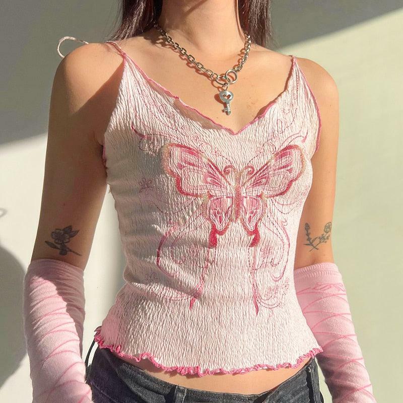 Y2K Butterfly Pink Crop Top - Trendy Summer Outfit, Grunge Aesthetic, 90s Fashion Vibes