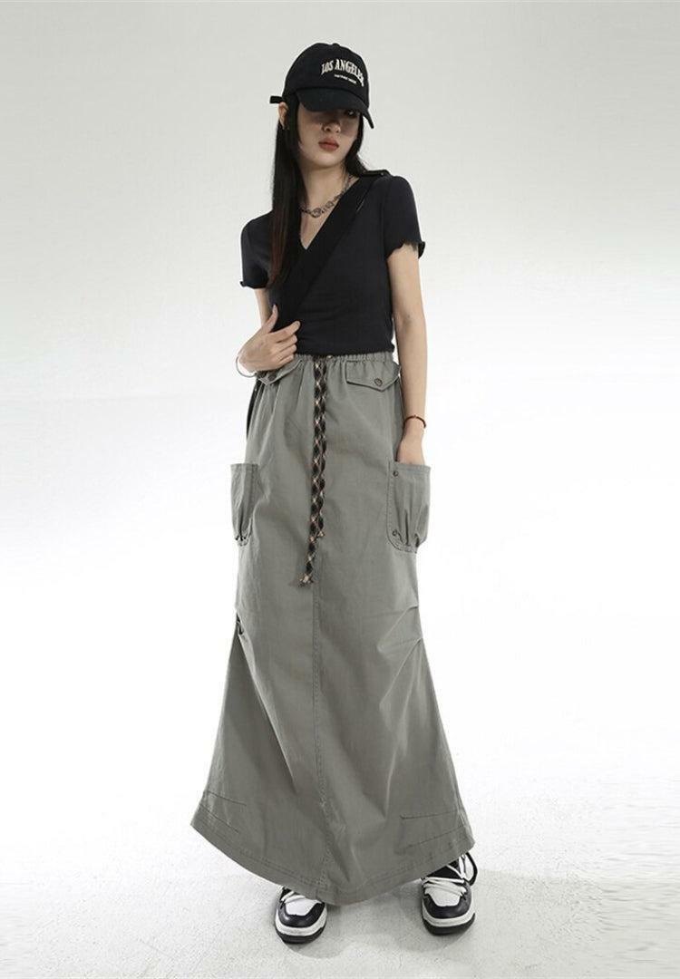 Y2K Cargo Pockets Parachute Maxi Skirt - Trendy 90s Grunge Aesthetic Summer Outfit