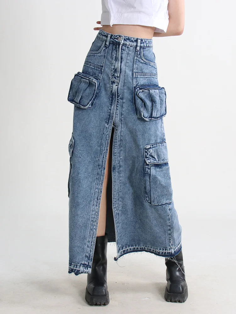 Y2K Cargo Split Denim Midi Skirt - Trendy 90s Fashion for Summer Outfits & Aesthetic Looks