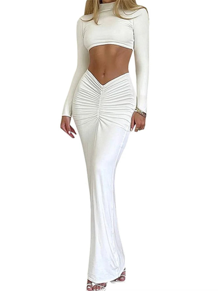 Y2K Coquette Aesthetic High Neck Slim Fit T-Shirt & Ruched Long Skirt Set for Trendy Looks