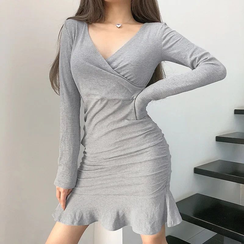 Y2K Coquette Aesthetic Split Knitted Long Sleeve Bodycon Mini Dress for Cute Outfits