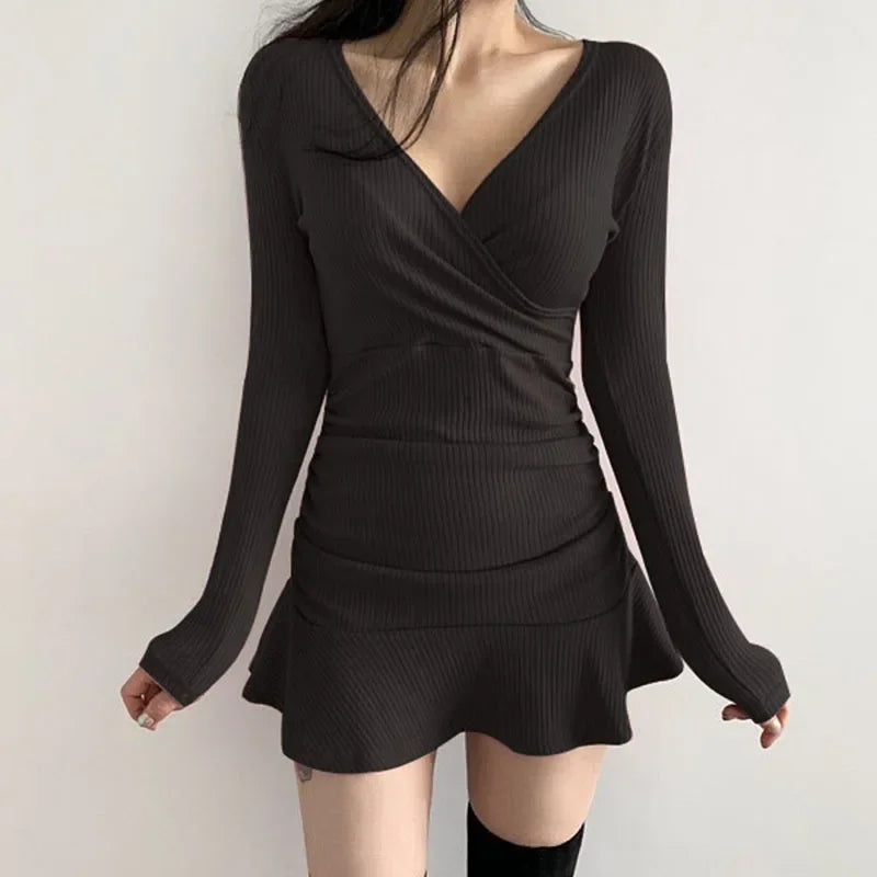 Y2K Coquette Aesthetic Split Knitted Long Sleeve Bodycon Mini Dress for Cute Outfits