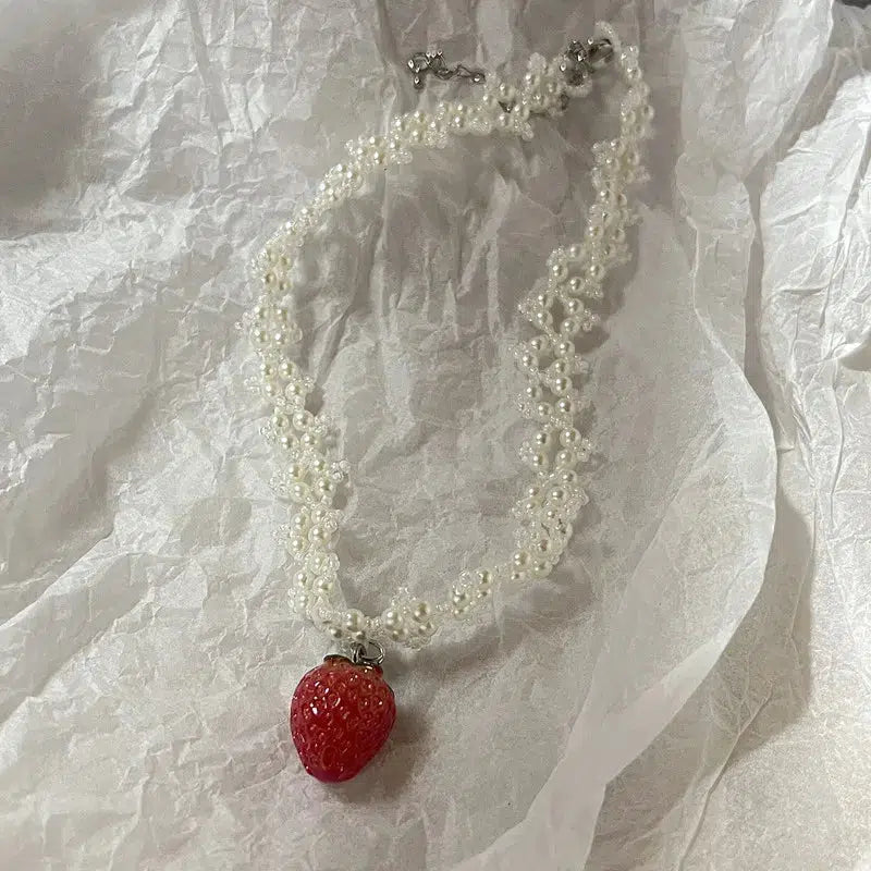 Y2K Coquette Strawberry Pearl Beaded Necklace - Cute Aesthetic Jewelry for 2000s Fashion