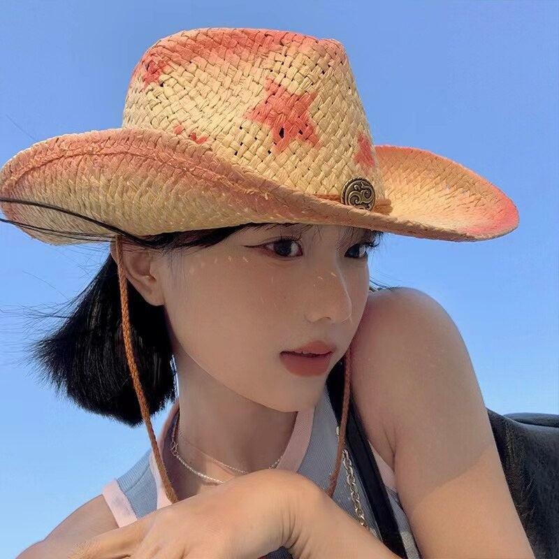 Y2K Cowgirl Adjustable Woven Straw Hat for Summer Outfits & Aesthetic Looks