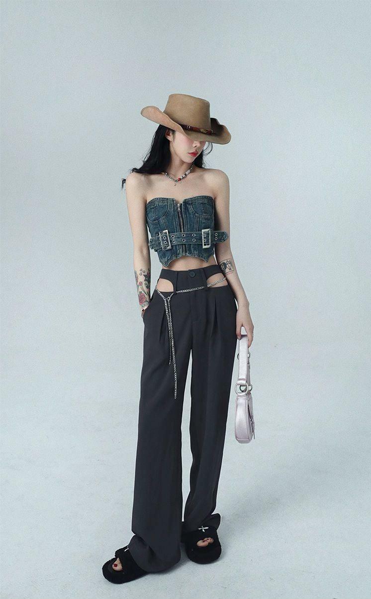 Y2K Cowgirl Crop Denim Tube Top - Trendy Summer Outfit for Grunge & 90s Fashion Lovers