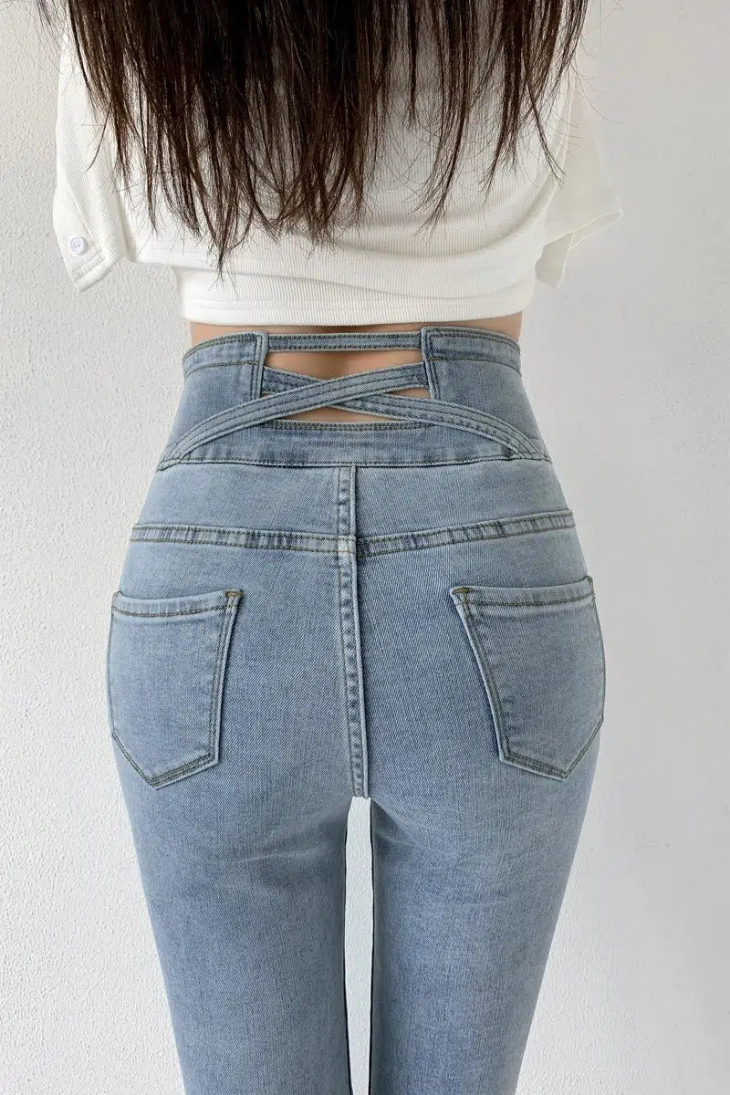 Y2K Cut Out Cross Waistband Skinny Jeans - Trendy Grunge & 90s Fashion Statement Piece