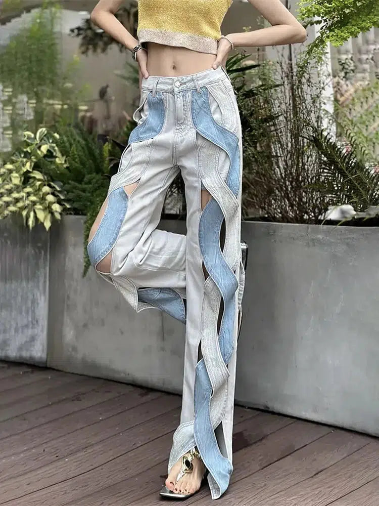 Y2K Cut Out Patch Denim Jeans - Trendy Grunge Style for 2000s Fashion Lovers