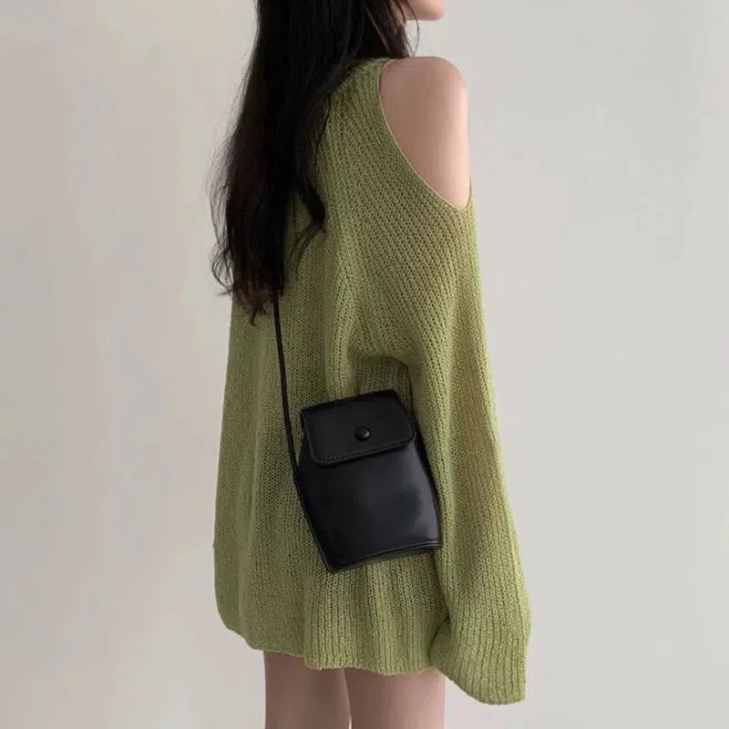 Y2K Cut-Out Shoulder Loose Knit Sweater - Trendy Grunge Aesthetic for Summer Outfits