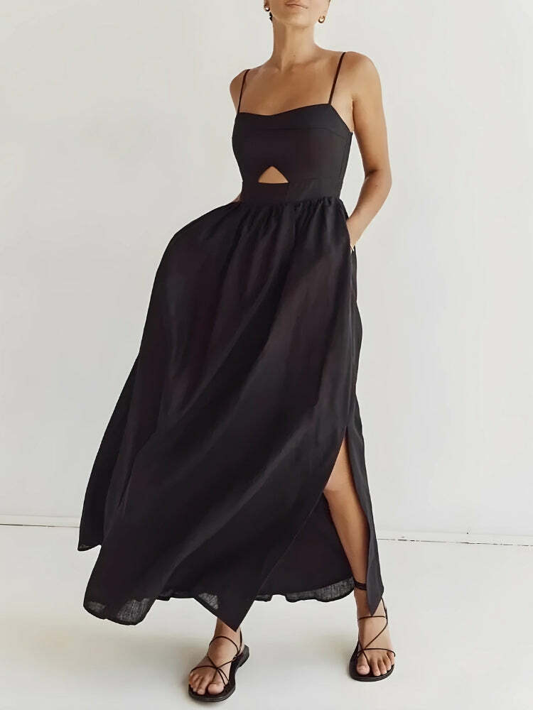 Y2K Cut Out Slit Maxi Dress - Trendy Summer Dress for Grunge, Coquette, and 90s Aesthetic