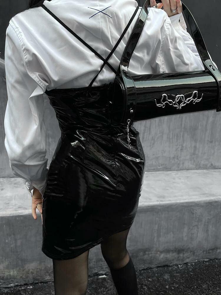 Y2K Cyberpunk Faux Patent Leather Mini Dress - Grunge Aesthetic, 2000s Fashion, Cute Outfits