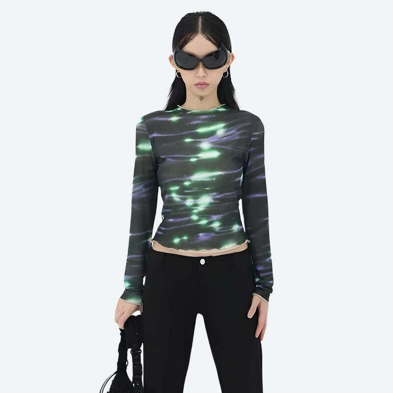 Y2K Cyberpunk Green Lights Mesh Top - Grunge Aesthetic, 2000s Fashion, Trendy Summer Outfit