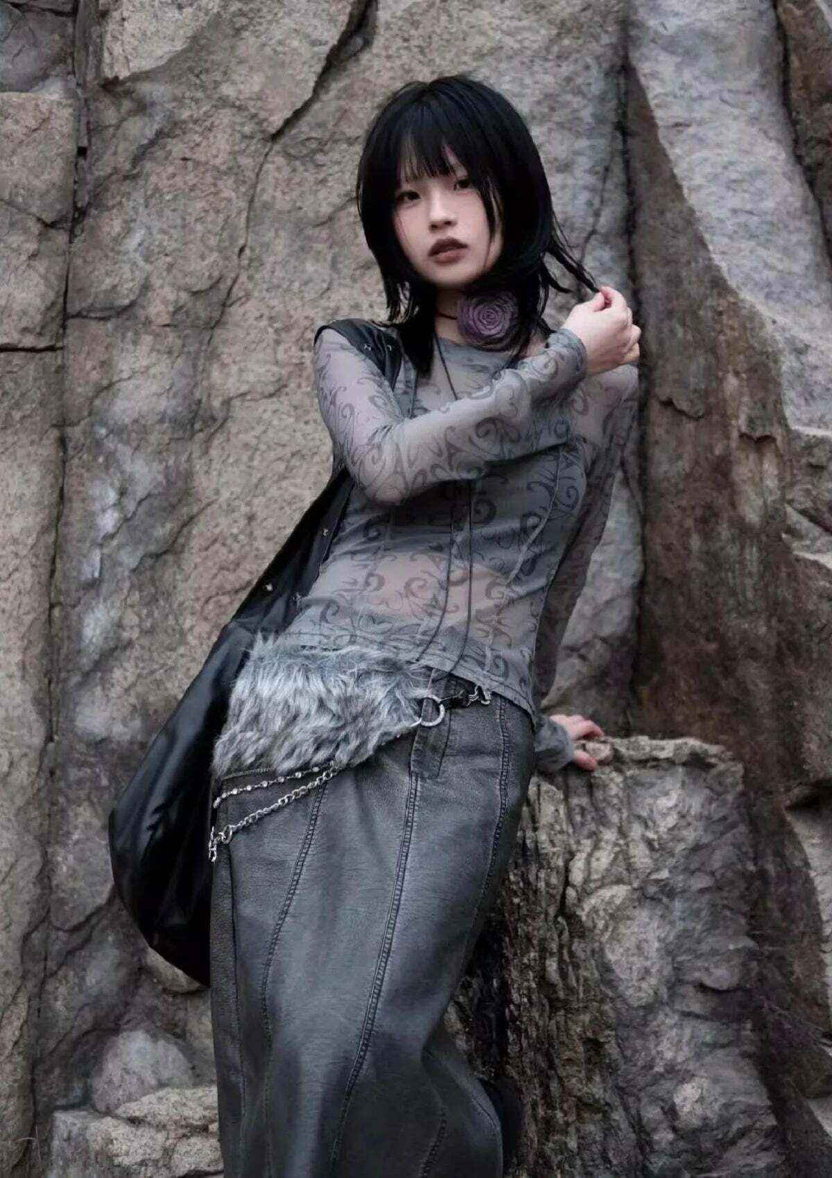 Y2K Cyberpunk Sheer Top: Grunge Aesthetic for 2000s Fashion Lovers