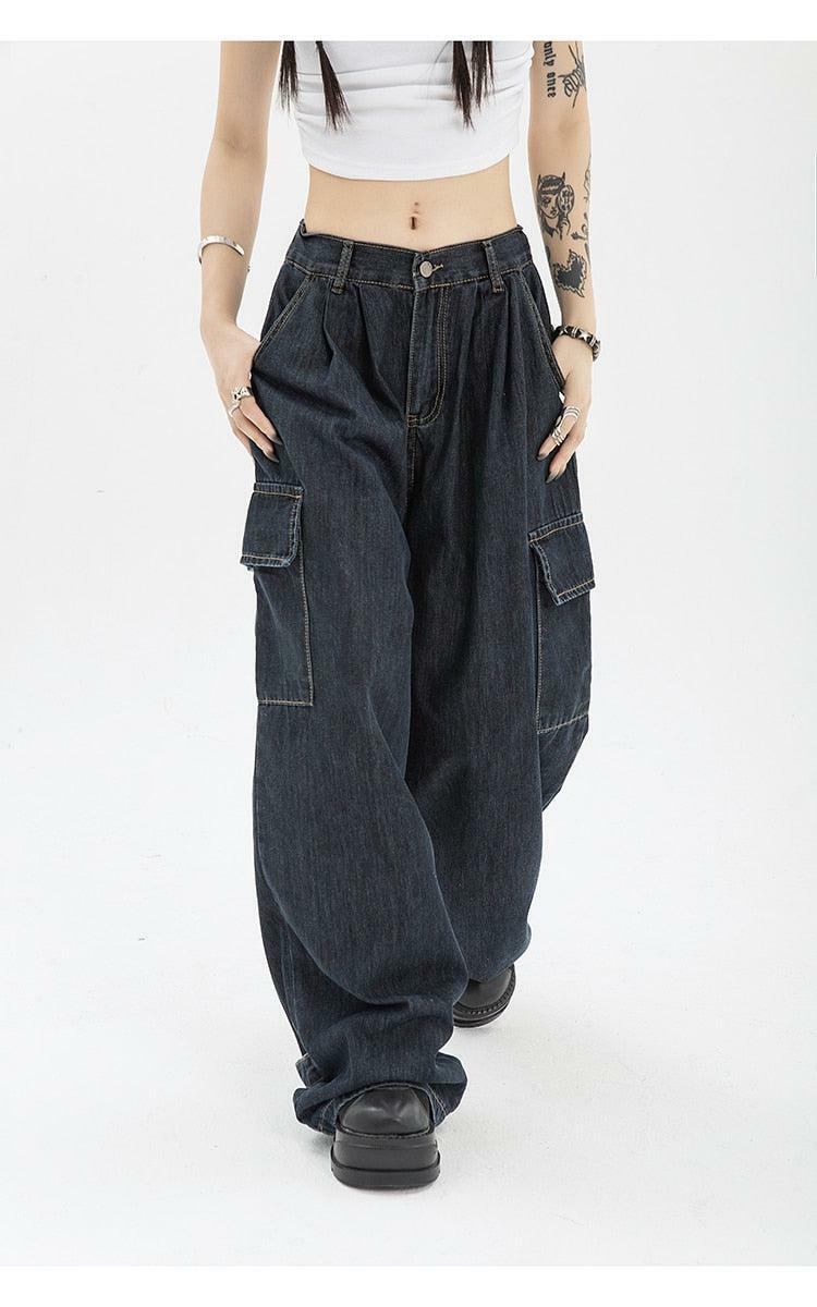 Y2K Dark Wash Cargo Jeans - Trendy Grunge Style for Summer Outfits & Aesthetic Looks