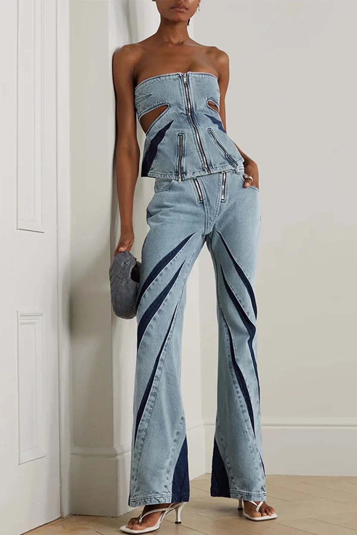 Y2K Denim Cut Out Tube Top & Patchwork Jeans Set - Trendy Summer Outfit for Grunge Aesthetic