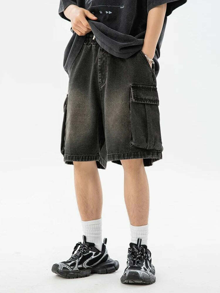 Y2K Denim Drawstring Wide Leg Cargo Shorts for Trendy Summer Outfits & Grunge Style