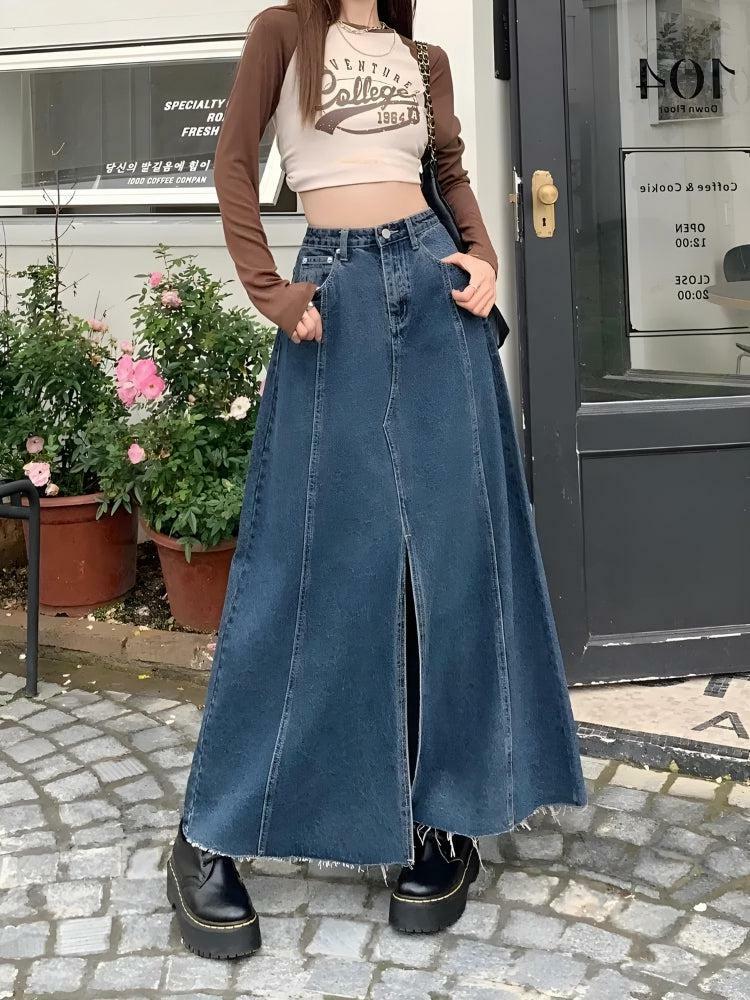 Y2K Denim Slit Frayed Hem Maxi Skirt - Trendy 90s Fashion for Summer Outfits & Aesthetic Looks