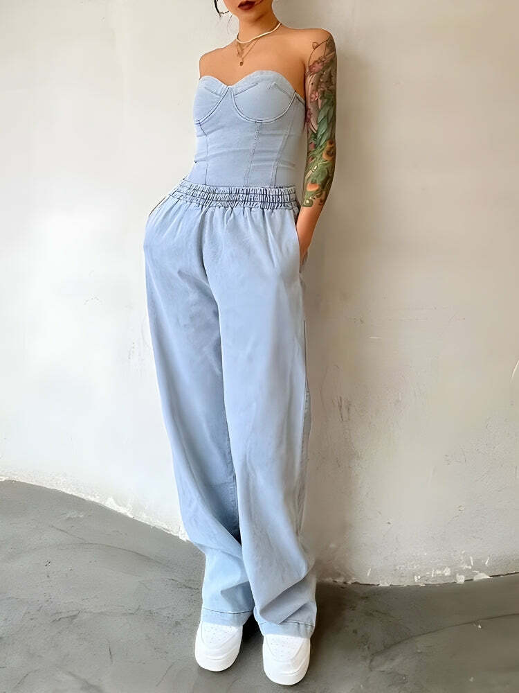 Y2K Denim Top & Baggy Pants Set - Trendy 90s Fashion for Summer Outfits & Aesthetic Looks