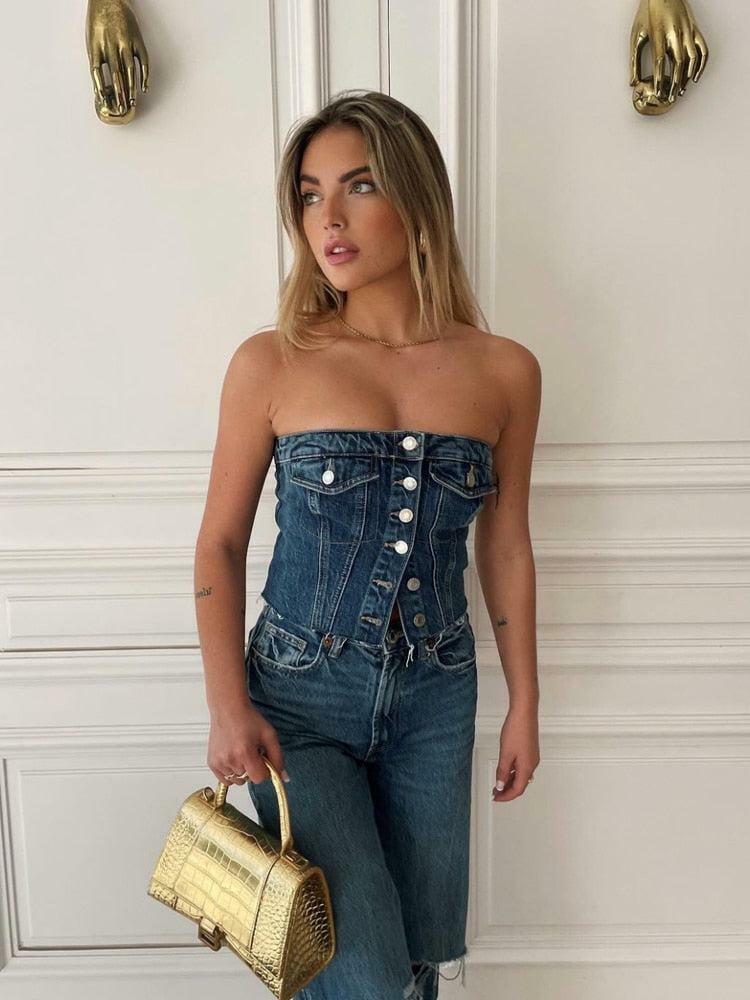 Y2K Denim Tube Top: Trendy Cowgirl Style for Summer, Perfect for 90s & Grunge Aesthetic