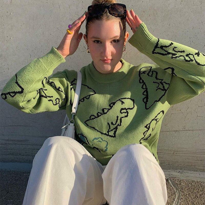 Y2K Dinosaur Knitted Sweater - Cute Grunge Style for 2000s Fashion Lovers