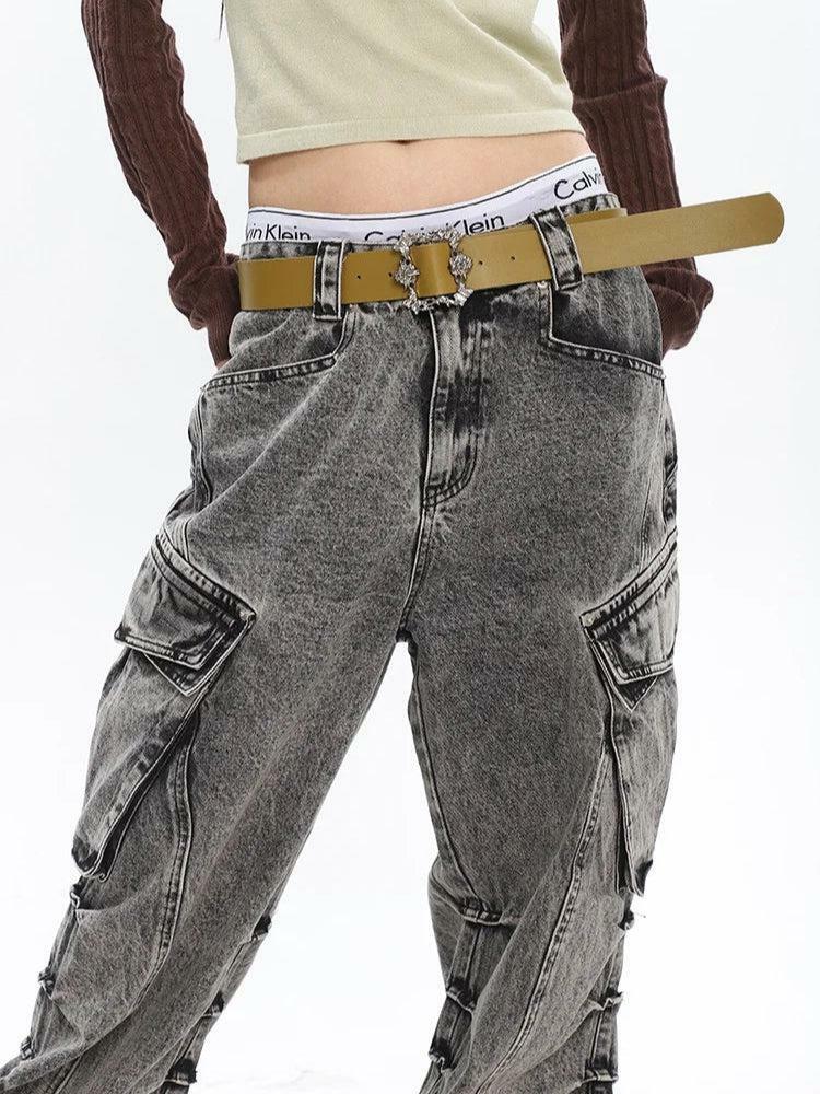 Y2K Distressed Cargo Pants with Big Pockets - Trendy Grunge Style for Summer Outfits