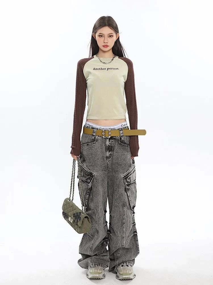 Y2K Distressed Cargo Pants with Big Pockets - Trendy Grunge Style for Summer Outfits