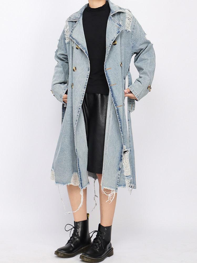 Y2K Distressed Denim Trench Coat - Grunge Aesthetic Outerwear for 2000s Fashion Lovers