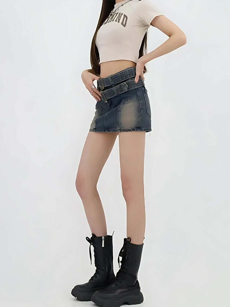 Y2K Double Belted Denim Mini Skort - Trendy 90s Style for Summer Outfits & Aesthetic Looks