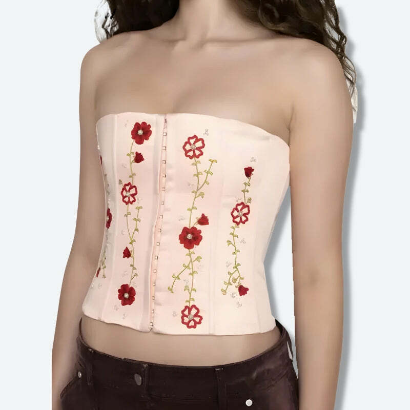 Y2K Embroidered Beaded Corset Top - Grunge Aesthetic Summer Outfit, Cute Y2K Style Top