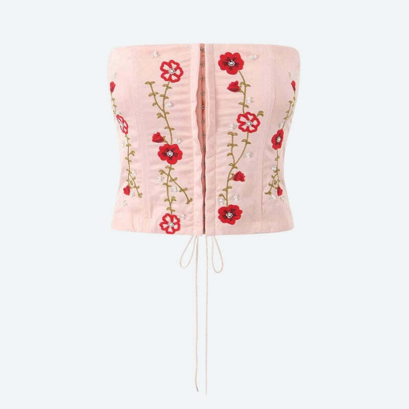 Y2K Embroidered Beaded Corset Top - Grunge Aesthetic Summer Outfit, Cute Y2K Style Top