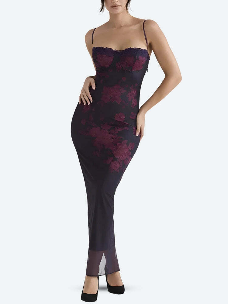 Y2K Floral Lace-Up Mesh Maxi Dress - Trendy Summer Outfit for Grunge & Coquette Aesthetic